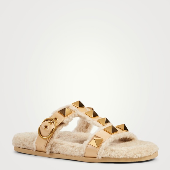 Valentino Garavani Shoes - VALENTINO GARAVANI Roman Stud Leather And Shearling Slide Sandals